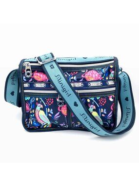 MINIGIRL crossbody bag - blue nylon colorful tropical floral bird peacock print